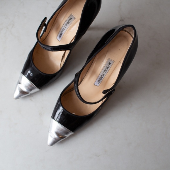 Manolo Blahnik Patent Black and Silver Mary Janes - Picture 3 of 4